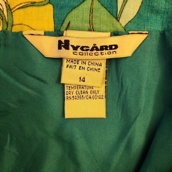 NYGARD COLLECTION, 100% LINEN TRUMPET SKIRT, TEAL/GREEN/YELLOW FLORAL SIZE 14 - Picture 6 of 8